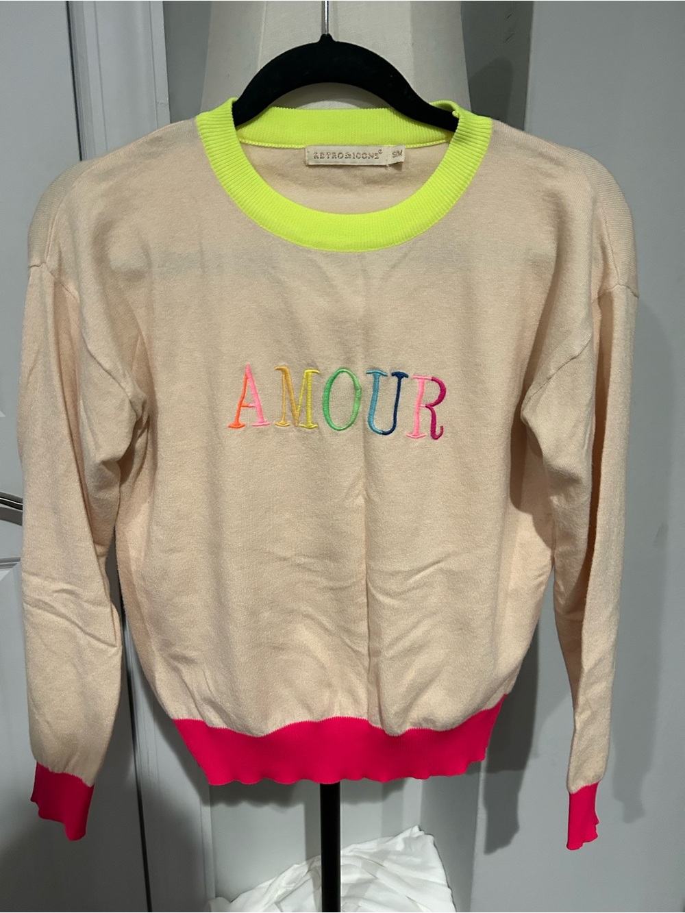 Cream Crewneck Sweater with Neon Trim and Rainbow 'AMOUR'